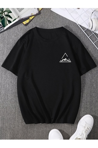 Üçgen Dağ T-shirt - Siyah Baskılı Oversize Bisiklet Yaka Kısa Kol Tişört Siyah