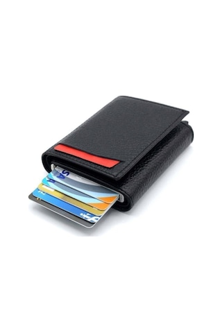 Erkek Siyah Suni Deri Mekanizmalı Kartlık Cüzdan Portföy Siyah