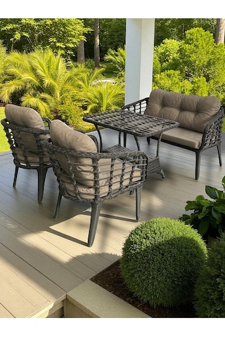 Tu Tienda Kartepe 2 1 1 Sehpa 60 90 Rattan Bahçe Balkon Takimi,antrasit Rattan/gri Kumaş Gri