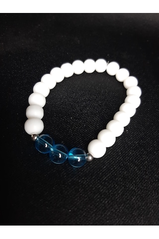 Mryart Beyaz & Mavi Cam Boncuk Unisex Elastik Bileklik 8 Mm Beyaz - Mavi