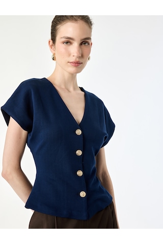 Koton Regular Fit V Yaka Kısa Kollu Bel Vurgulu Düğmeli Hırka Lacivert Çizgili 7wak30005uk