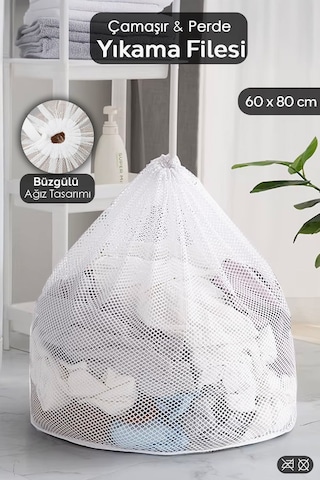 1 Adet Perde Ve Çamaşır Yıkama Filesi - Büyük Boy İpli Yıkama Filesi 60x80 Cm Beyaz