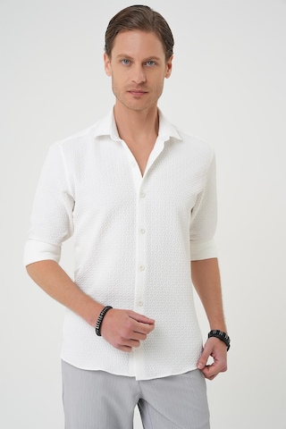 Efor Slim Fit Gofre Kumaş Desenli Kısa Kol Beyaz Gömlek G 1592 Beyaz