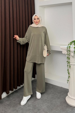 Mihran Butik Kalina Model İthal Pike Kumaş Cep Detaylı Kadın Takım Haki
