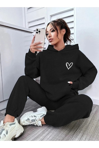 Kalp Logolu Eşofman Takımı Sweatshirt Jogger - Siyah Baskılı Oversize Şardonlu Kapüşonlu Siyah