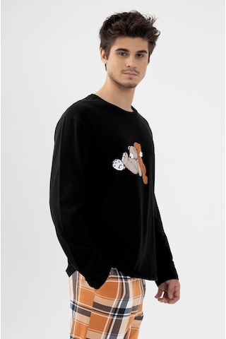Erkek Pamuklu Uzun Kollu Ayıcık Baskılı Alt Ekose Cep Detaylı Pijama Takımı Ke30113 Siyah - Kahverengi
