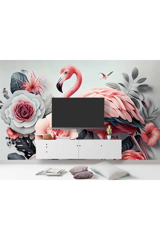3 Boyutlu Pembe Pelikan Ve Çiçek Duvar Kağıdı Baskı 1 M²