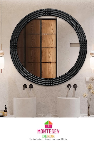 Safir Ahşap Siyah Yuvarlak Ayna Işlemeli Duvar Banyo Aynası 43 Cm Siyah