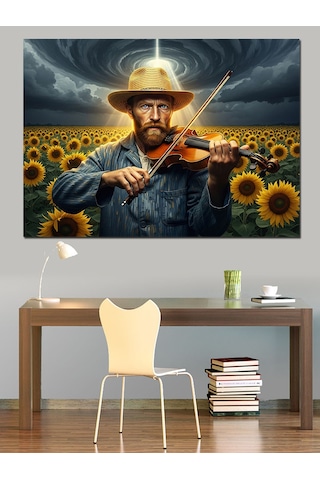 Çiçek Tarlasında Keman Çalan Van Gogh Dekoratif Kanvas - Mdf Ahşap Tablo