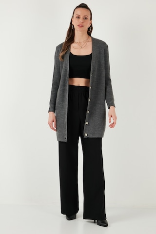 Lela Regular Fit V Yaka Düğmeli Triko Örme Uzun Bayan Hırka 4615044 Koyu Gri