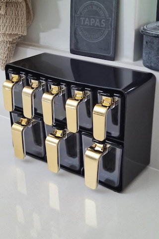 Herevin Sekizli Standlı Baharatlık Seti Gold Kulplu Siyah Kapak 161280-822 Gold - Siyah