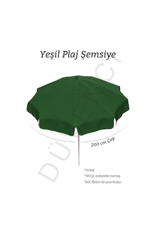 Yeşil Plaj Şemsiyesi 200 Cm Çap /10 Telli, Polyester Kumaş Yeşil