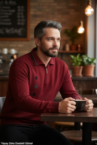 Kamalı Erkek Bordo Tüylenme Yapmayan Standart Fit Normal Kesim Nakış Desen Polo Yaka Triko Kazak