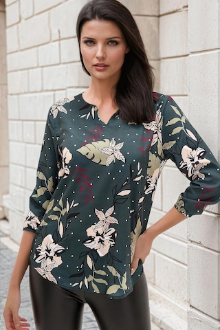 WeShaya Petrol Yeşili, Floral Desenli, Lastikli Uzun Kol, Bluz Petrol