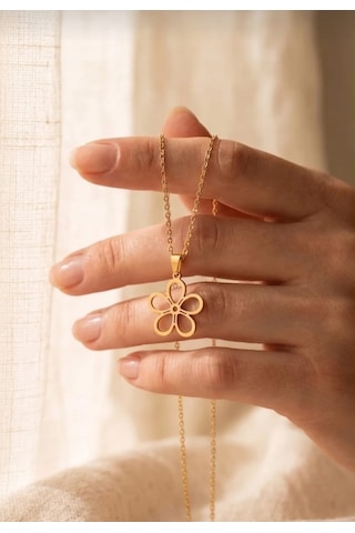 Lunarie Çizgisel Çiçek Figürlü Kolye 14k Gold Kararmaz Çelik Altın