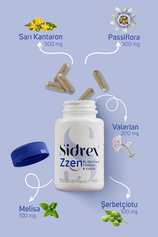 Sidrex Zzen Passiflora Valerian ve Sarı Kantaron İçeren Takviye Edici Gıda 60 Kapsül