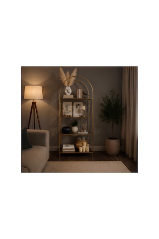 Familieconcept Metal Kitaplık Ve Dekoratif Raf 180x70 Cm Statik Boyalı Temperli Cam Altın