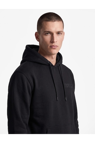 Koton Uzun Kollu Üç İplik Şardonlu Rahat Kalıp Kanguru Cepli Kapşonlu Baskılı Sweatshirt Siyah 7wam70208mk