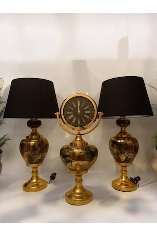 2'li Abajurlu Saatli Set Dekoratif Analog Saat - Gold Gold