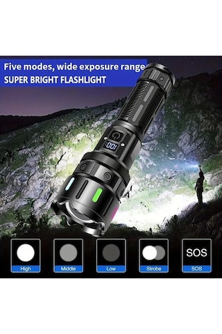 Xuweiwei Siyah Zarif Hediye Kutusu Seti 1 Adet Ultra Parlak 1200 Lümen Şarj Edilebilir Led El Feneri Alüminyum Alaşım 5 Mod Taktiksel Işık Type-c Şarj Acil Durum Kamp Hediye Siyah