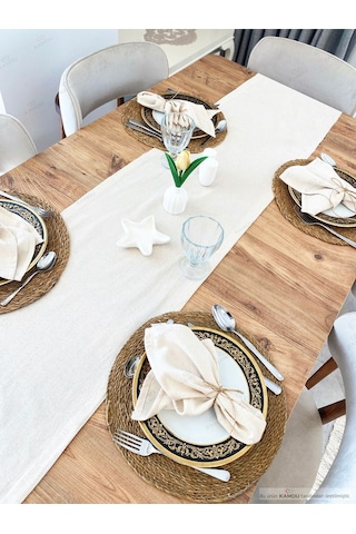 Şık Tasarım 50x250cm %100 Pamuk Ham Keten Amerikan Runner, Vintage Runner, Keten Amerikan Runner Bej