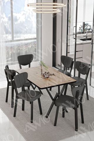 Avvio Vina Elma Sandalye 80x140 Yemek Masası Mutfak Masası 6 Kişilik Masa Sandalye Takım Akça