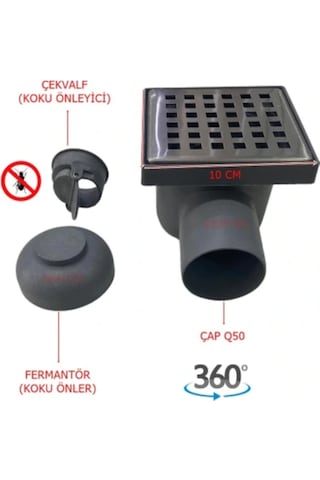 Paslanmaz Krom Izgaralı Koku Önleyici Çekvalfli 10x10 Yer Süzgeci 50 Mm Yandan Çıkış 1 Adet