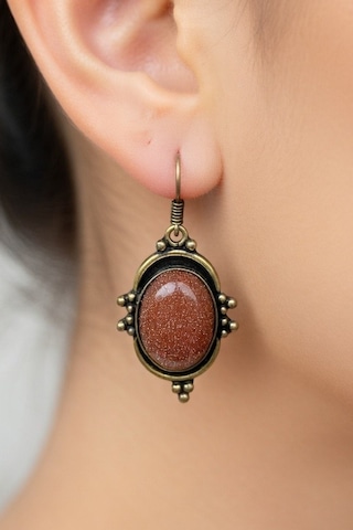Vintage Tasarım Bronz Çerçeveli Yıldız Taşı Goldstone Kadın Küpe
