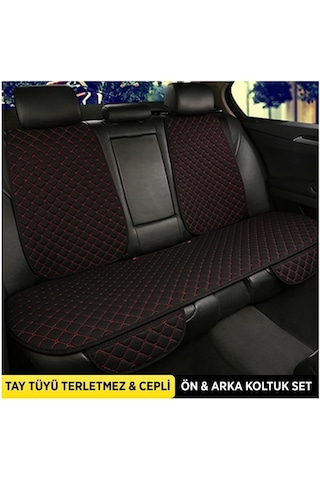 Tay Tüyü Cepli & Terletmez Sırtlı Oto Koltuk Minder Seti - Koltuk Koruma Kılıfı - Ön Ve Arka Koltuk Minder Set Siyah-kırmızı