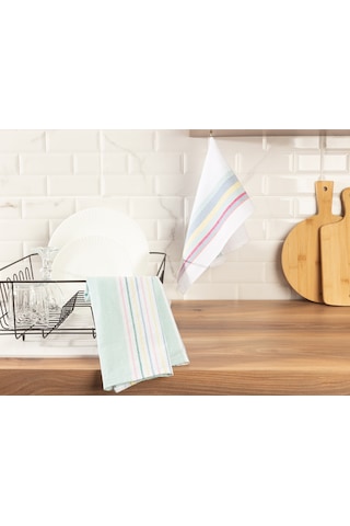 Madame Coco Jeanne 2'Li Yıkamalı Mutfak Havlu Seti - Beyaz/Mint Yeşili