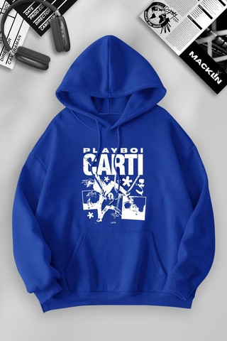 Macklin Unisex Kadın Erkek Playboi Carti Özel Tasarım Baskılı Kapşonlu Sweatshirt Mavi Mck1101 Mavi