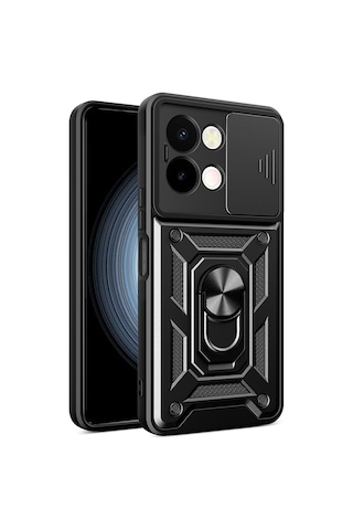 Vivo Y28 Kılıf Sürgülü Kamera Koruyucu Manyetik Standlı Tank Koruma Pazarplus Siyah
