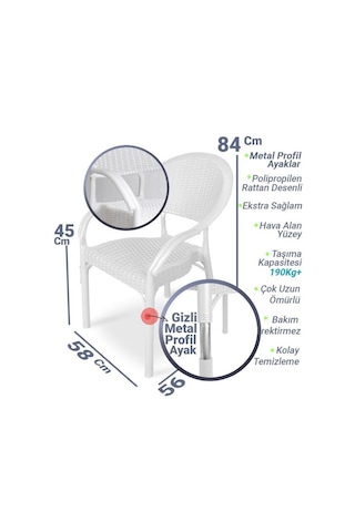 4 Adet Bambu Rattan Kollu Sandalye Koltuk Beyaz Beyaz
