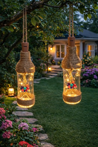 2 Li Rustik Şişe Led Balkon Bahçe Süsü Jüt Halatlı Dekoratif Askılı Şişe Fener Duvar Süsü