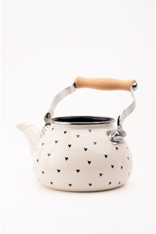 Black Cupid Emaye Siyah Kalp Desenli Vintage Kettle - 2 Litre