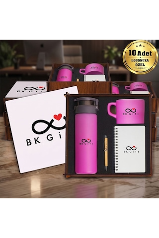 Logonuza Özel 10 Adet Ahşap Kutulu Pembe Kurumsal Hediye Seti Cam Suluk, Seramik Fincan, Defter Ve Kalemli Promosyon Seti