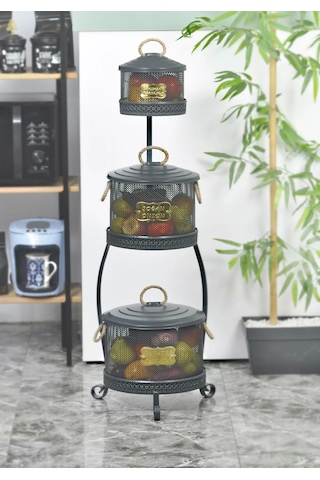 Metal Standlı 3 Katlı Delikli Patates Soğan Sarımsak Kovası Antr Çok Renkli