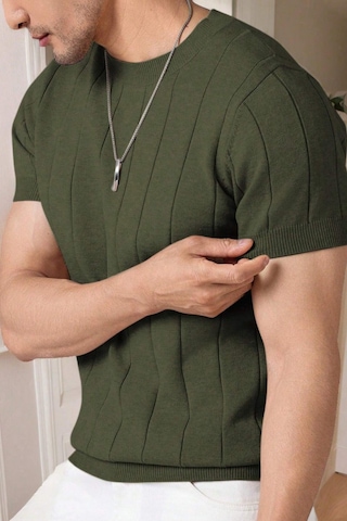 Erkek Fit Dokulu Kısa Kollu Bisiklet Yaka Triko Tişört Haki