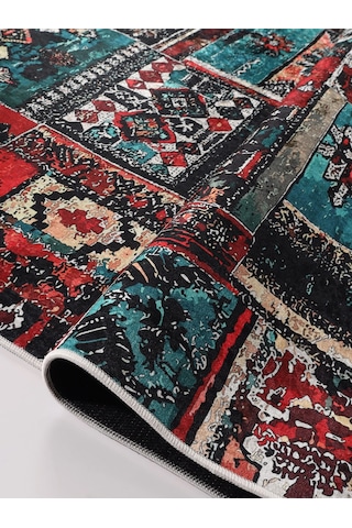 Blghome Renkli Patchwork Desen Modern Halı Dekoratif Kilim Kırmızı - Mavi