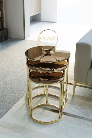 Deepport Liv Aks 3'lü Gold Zigon Sehpa Bronz Aynalı Altın