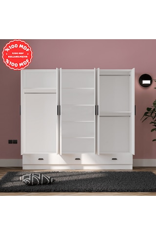 İnci 6 Kapak 3 Çekmeceli Gardırop %100 Mdf