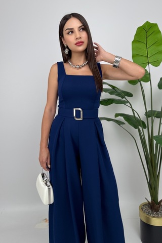 Noir Flow Kadın Lacivert Kemerli Askılı Bol Paça Tulum Zarif Şıklık Lacivert
