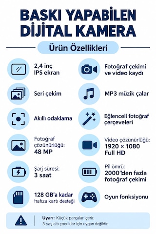 Cmr91 Çocuk Dijital Mini Kamera 1080p Hd 2.0 İnç Ekran Fotorğraf Video Oyun Müzik Usb Şarj Termal Resim Kağıt Baskılı Yazıcı Kamera Video Makinesi Print Kamera Açık Mavi