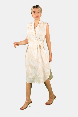 Kuşaklı Çiçek Desenli Bej Elbise Bej