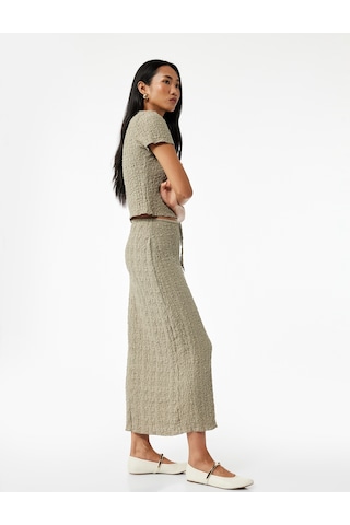 Koton Beli Bağcıklı Slim Fit Bürümcük Kumaş Dokulu Midi Kalem Etek Haki 6wak10203ek Haki
