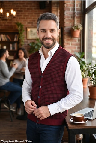 Kamalı Erkek Bordo Tüylenme Yapmayan Anti Pilling Kumaş Standart Fit Cepli Kışlık Kazayağı Triko Yelek