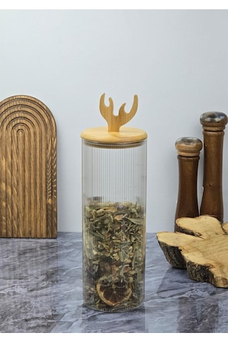 Boynuz Desenli Cam Kavanoz - Bambu Kapaklı Borosilikat Cam Kavanoz - 33 Cm - Yuvarlak