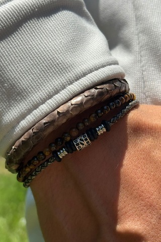 Doğal Taşlı Yılan Derisi Desenli El İşçiliği İle Üretilmiş Hakiki Deri Erkek Bileklik Kahverengi - Siyah