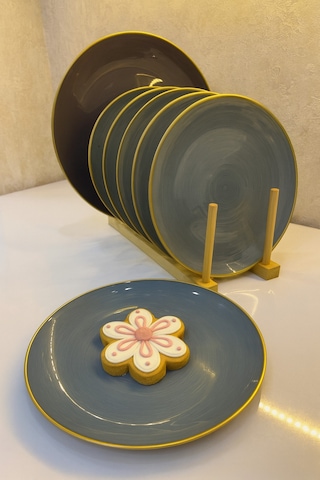 Gold Kenarlı Gri Seramik Pasta Tabağı 7 Lı Set Modern Sofra Sunum Tabakları 21 Cm Çok Renkli