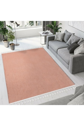 Vl Comfort Düz Saçaklı Peluş Halı Ekru Pembe